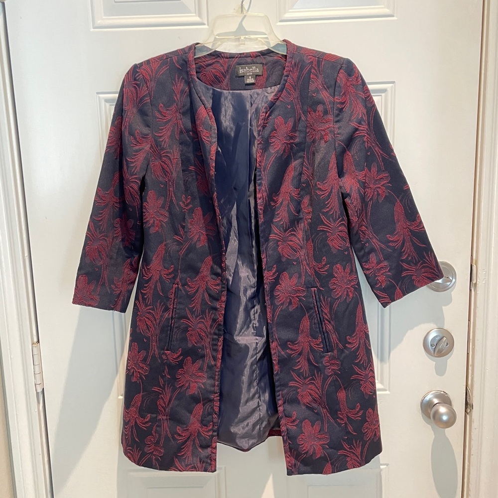Isabella Suits Navy Burgundy Long Length Blazer Suit Jacket Size 8 Small-Medium